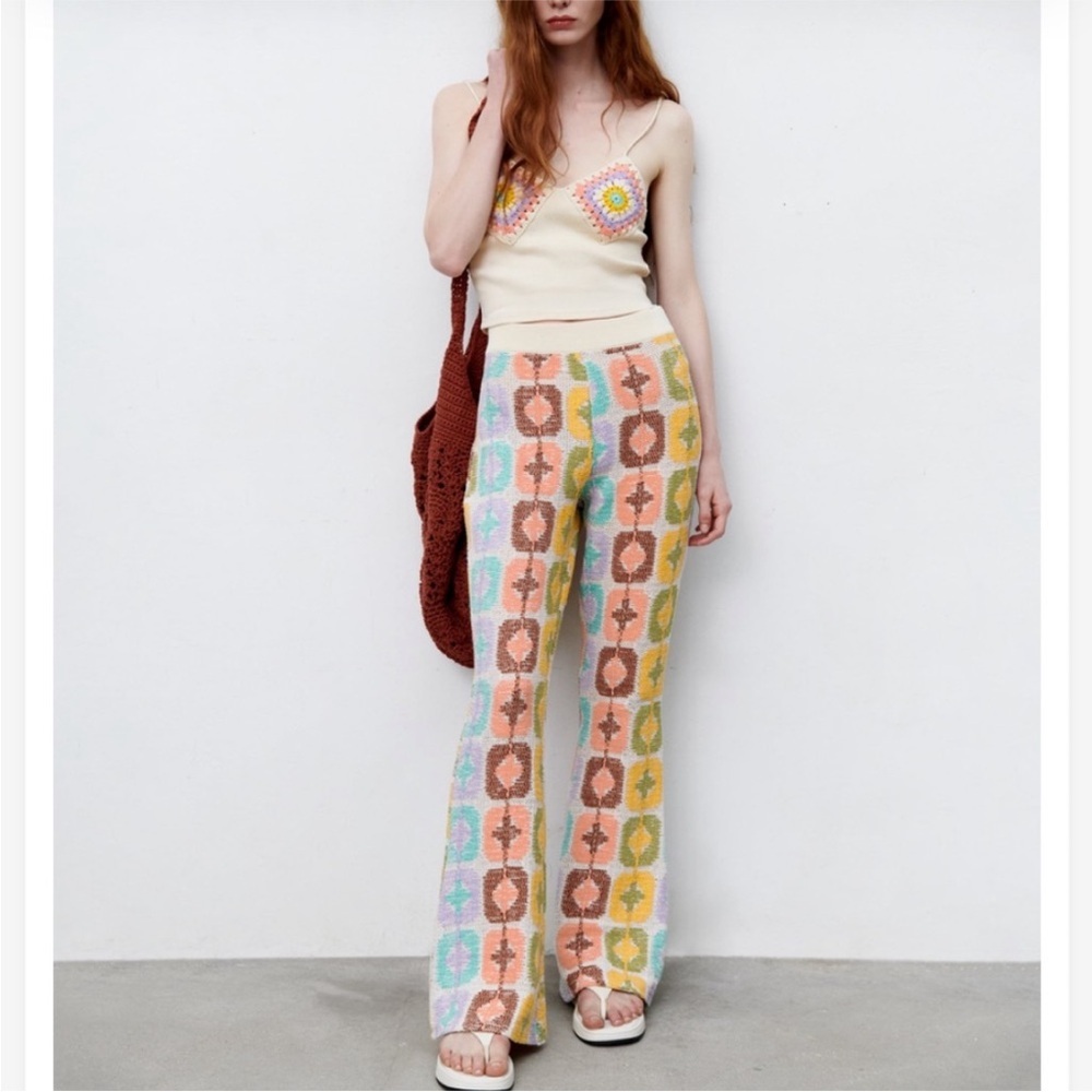 Zara Pastel Multicolor Patterned Boot Cut Pants - Picture 9 of 16